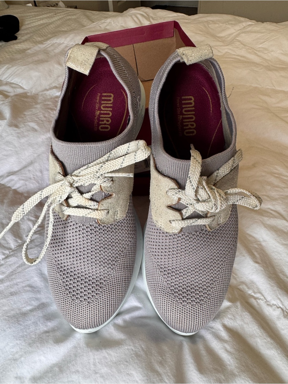 Munro Women’s Knit Lace-Up Sneakers in Taupe with Cream Accents